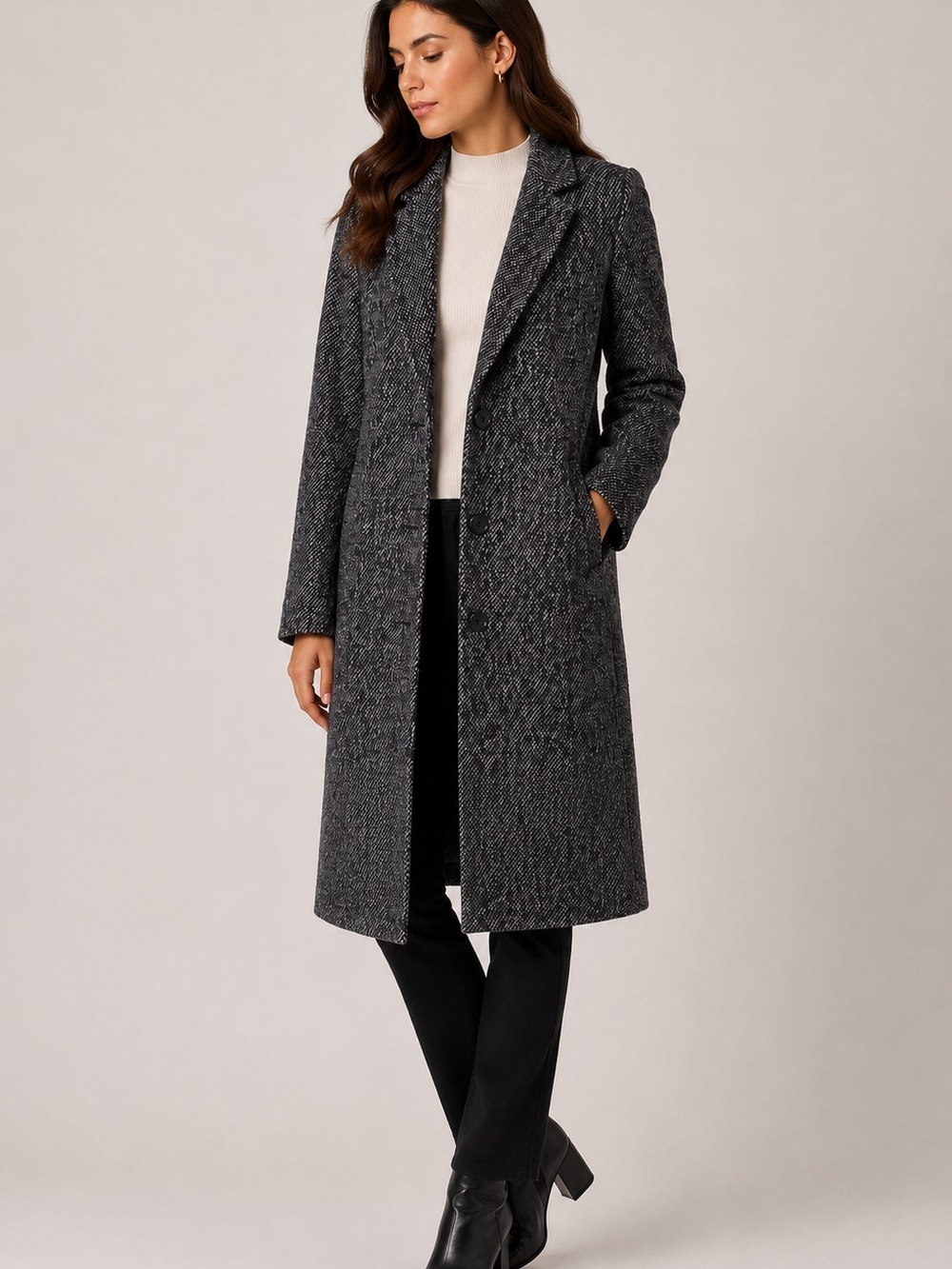 Classic Herringbone Long Women's Coat in Charcoal Gray